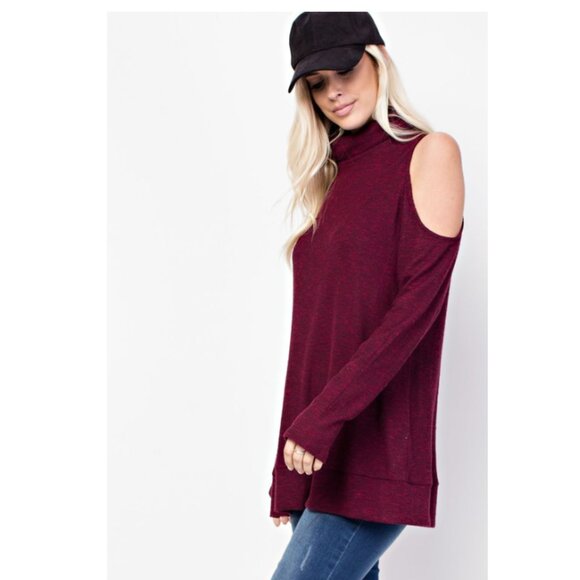 143 Story Burgundy Cold Shoulder Turtle Neck Top TK629 - Picture 4 of 6